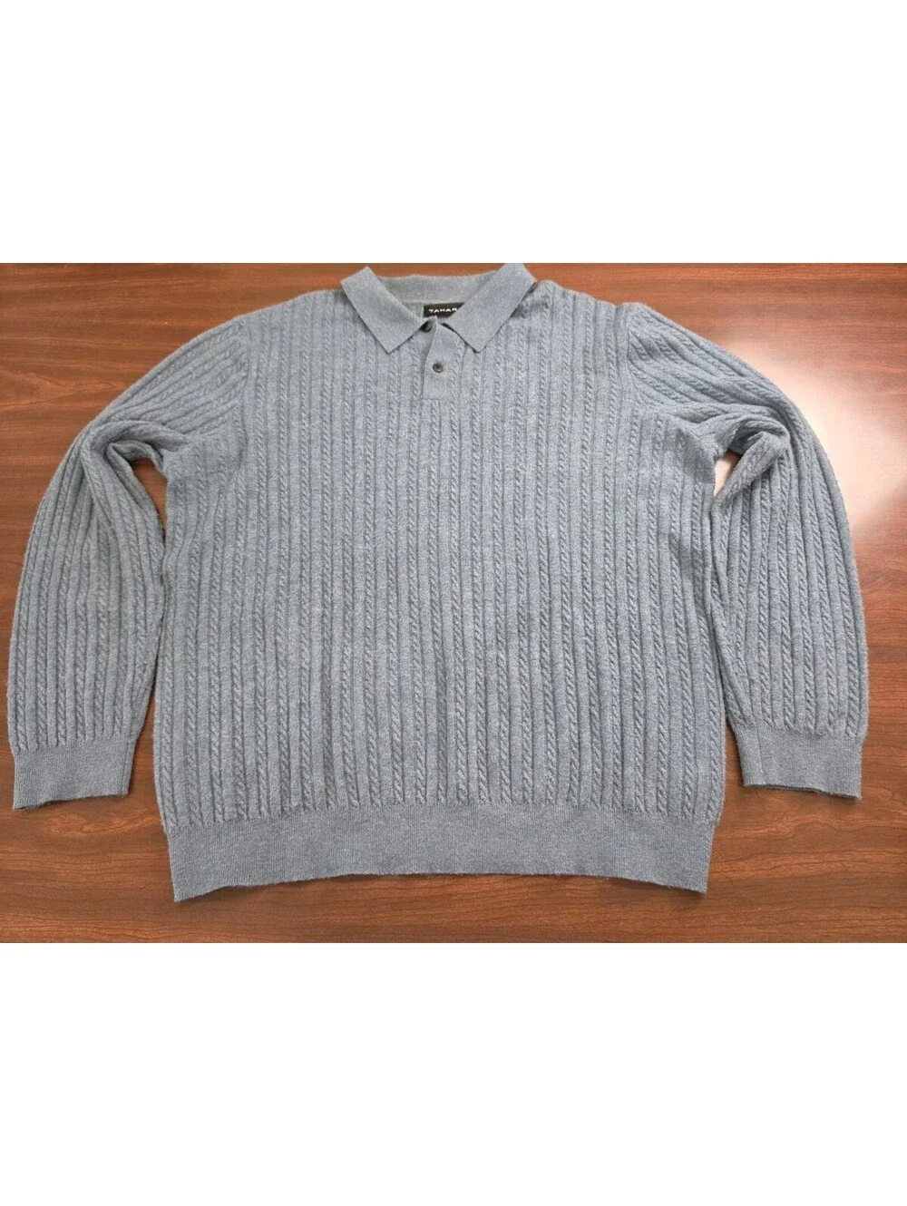 Tahari Large Blue Cable Knit Polo Sweater Long Sleeve Wool Blend Preppy Chic